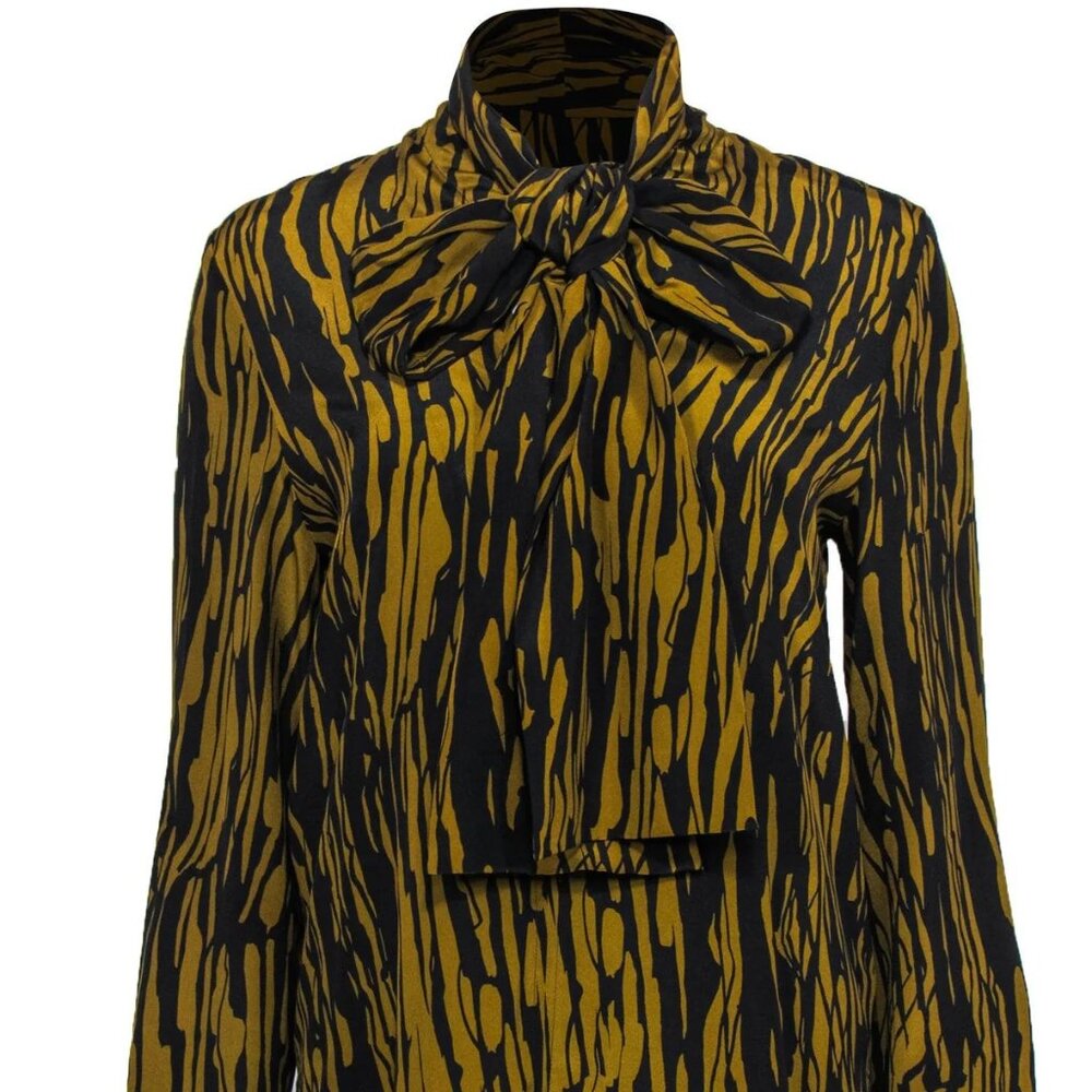 COS Women's Pure Silk Blouse Size 8 Black Mustard Abstract Print